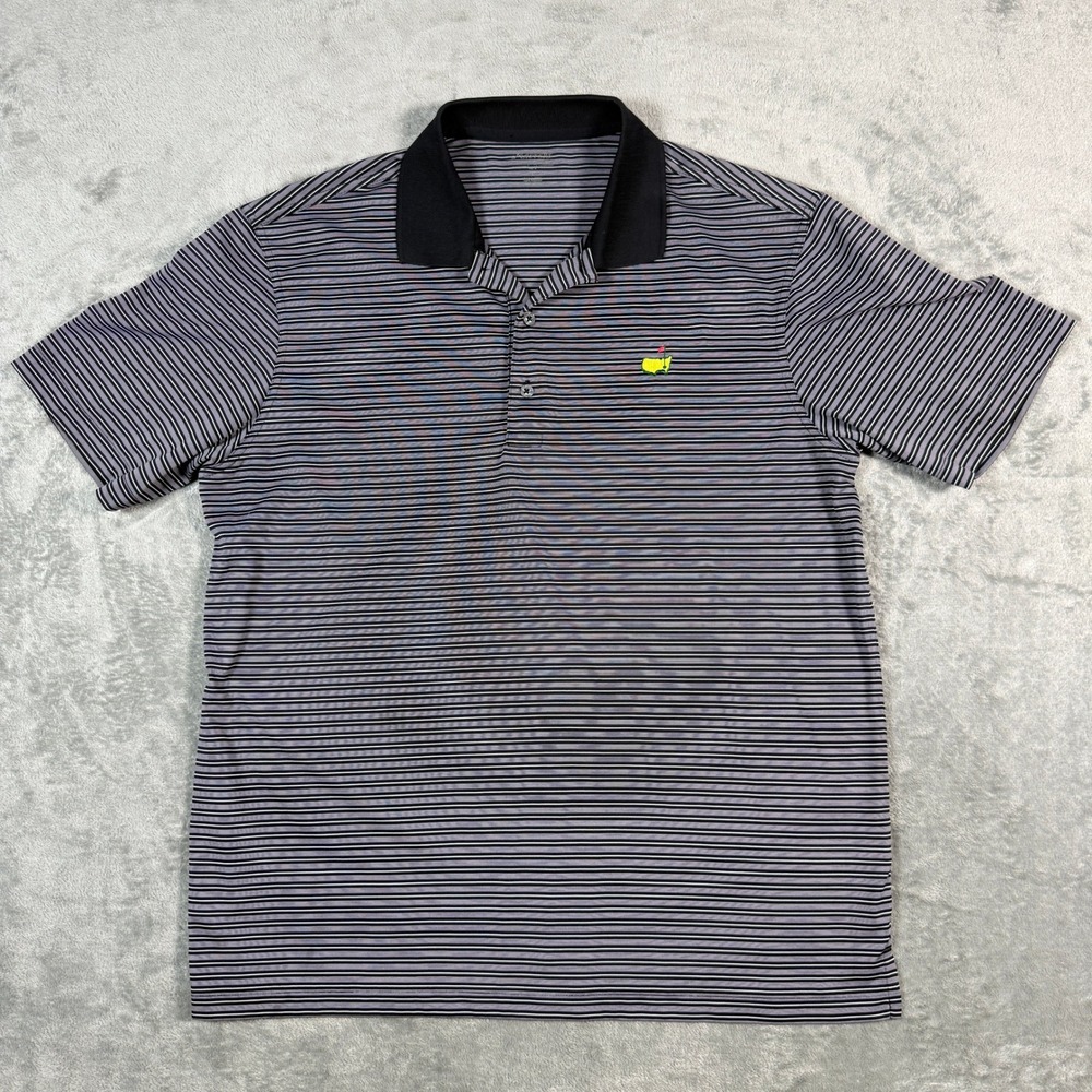 Masters Tech Mens Large Polo Shirt Black Purple Striped Golf Short Sleeve Logo